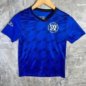 Score‎ AYSO youth medium blue and black soccer jersey
